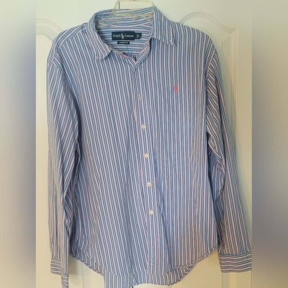 Ralph Lauren Blue & Pink Stripe Classic Fit Button Down Shirt Size L